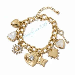 NWT Atterri Chunky Hearts Pearl Key Cubic Zirconia & Shell 7” Charm Bracelet